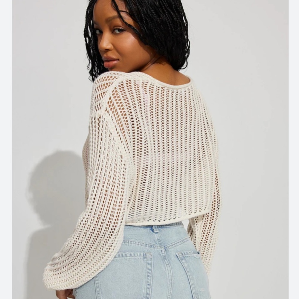 Garage Cream Open-Knit Cropped Scoop Neck Sweater